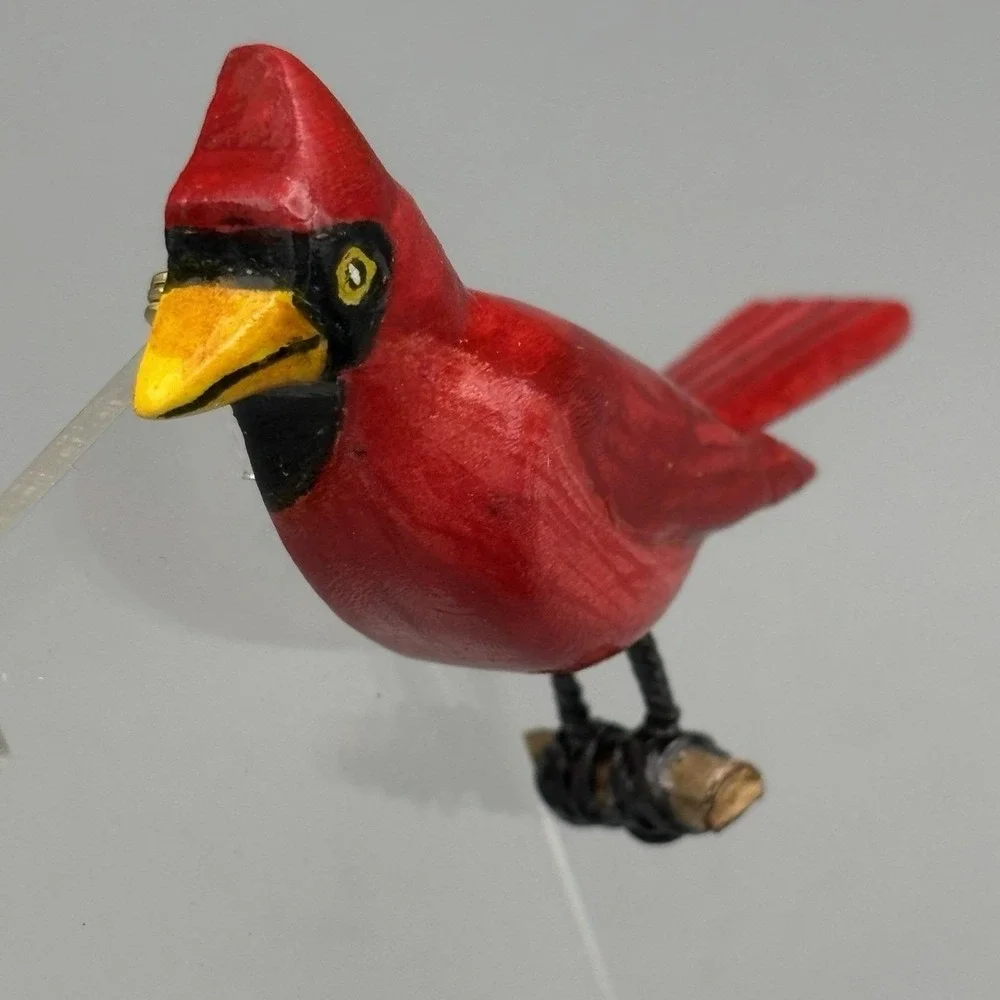 Vintage Wood Hand Painted Bird Cardinal Brooch EUC Japanese Signed
